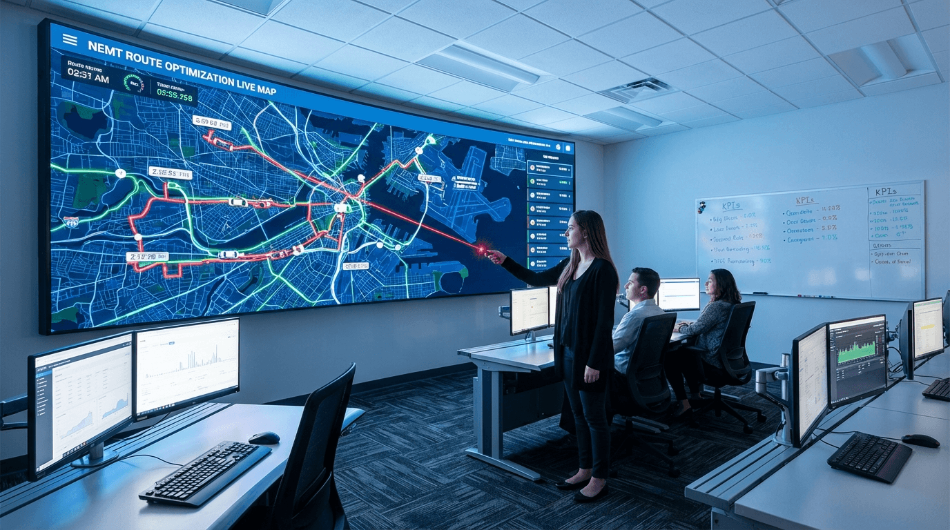 NEMT analyst presenting route optimization map on wall-mounted LED display to colleagues