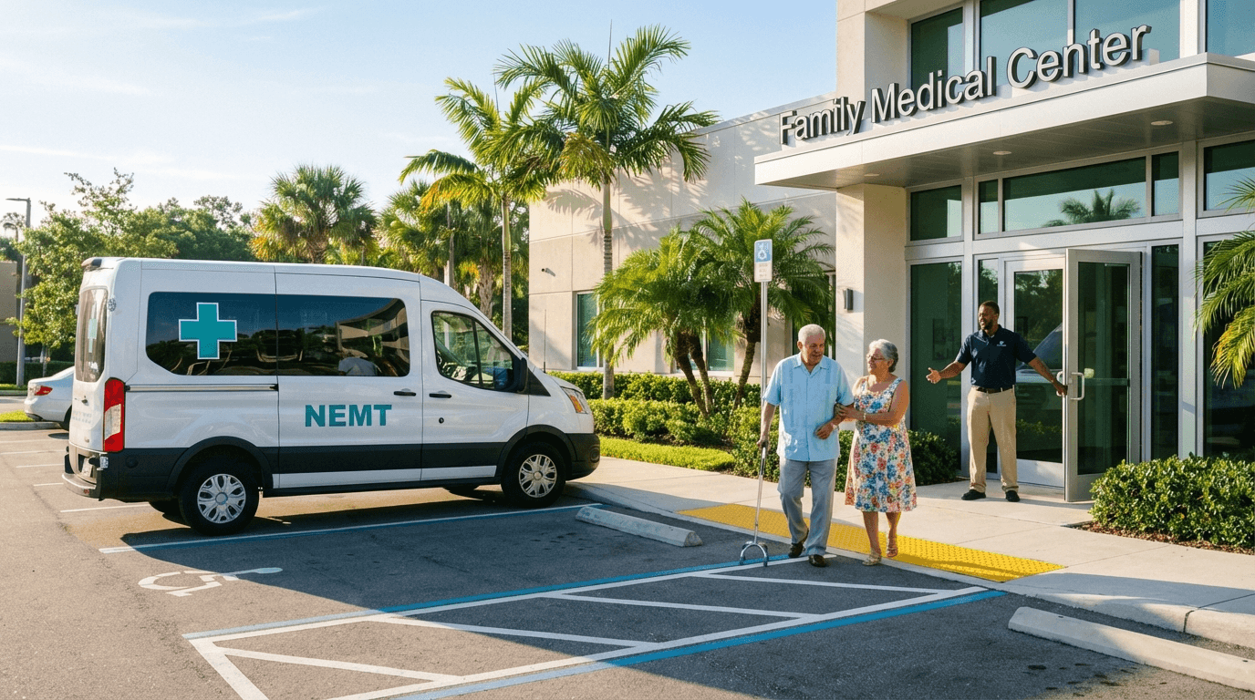 Elderly couple arriving at Florida medical office via NEMT transport