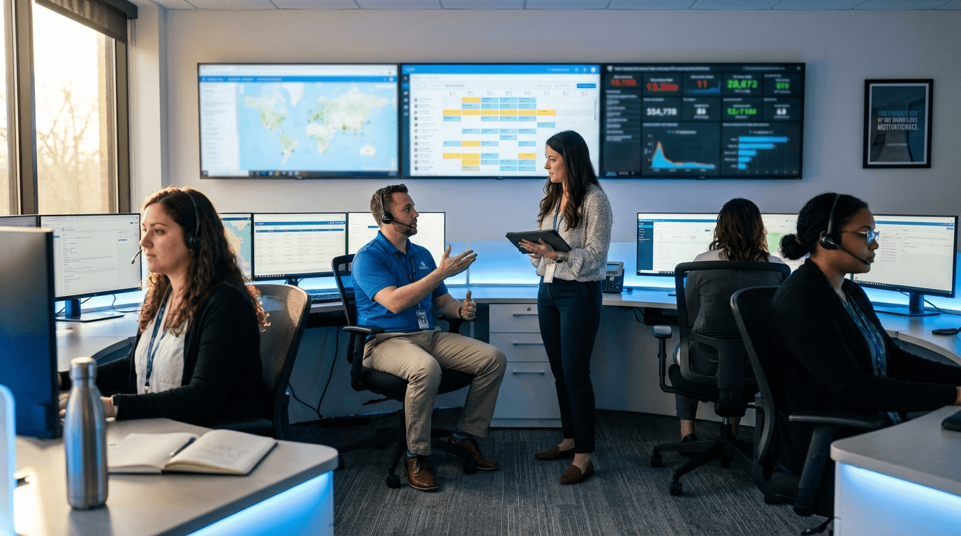 Healthcare transportation coordination center with live fleet monitoring displays