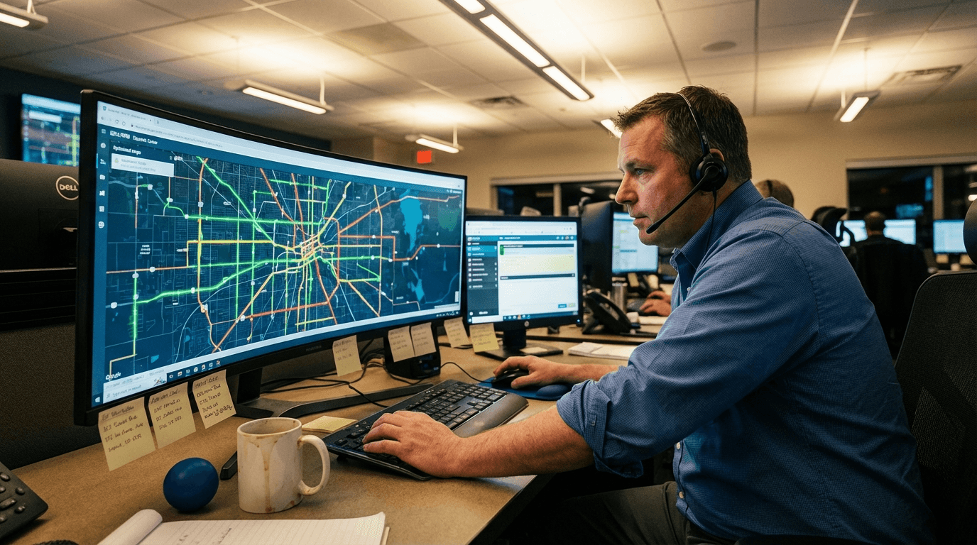 Dispatcher analyzing optimized NEMT routes on curved monitor display