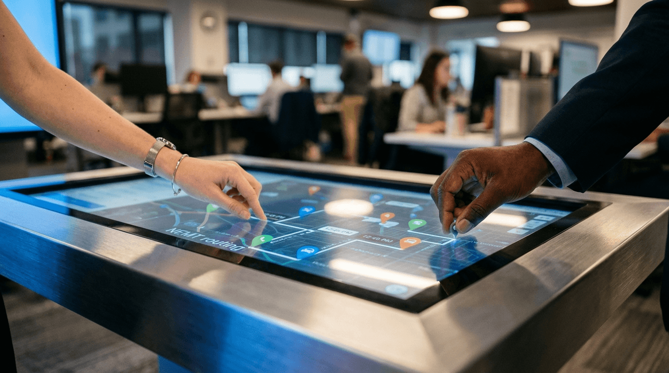 Hands manipulating interactive NEMT routing map on touchscreen display