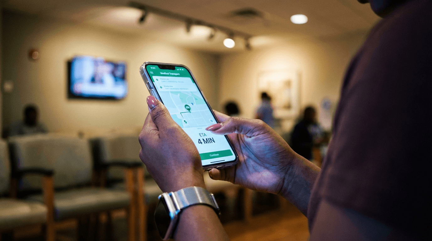 Patient using medical transportation app on smartphone in hospital waiting room