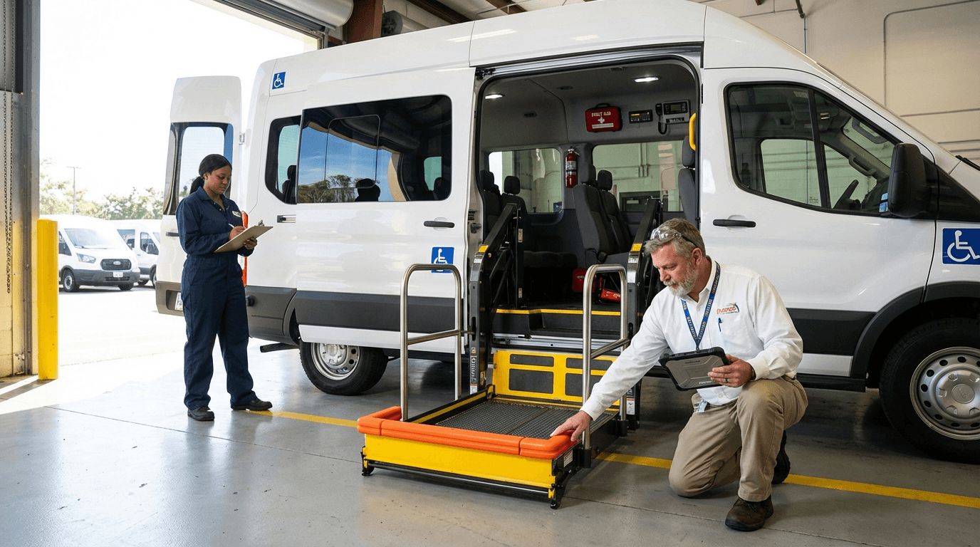 DOT inspector examining ADA wheelchair lift compliance on NEMT Ford Transit in maintenance bay