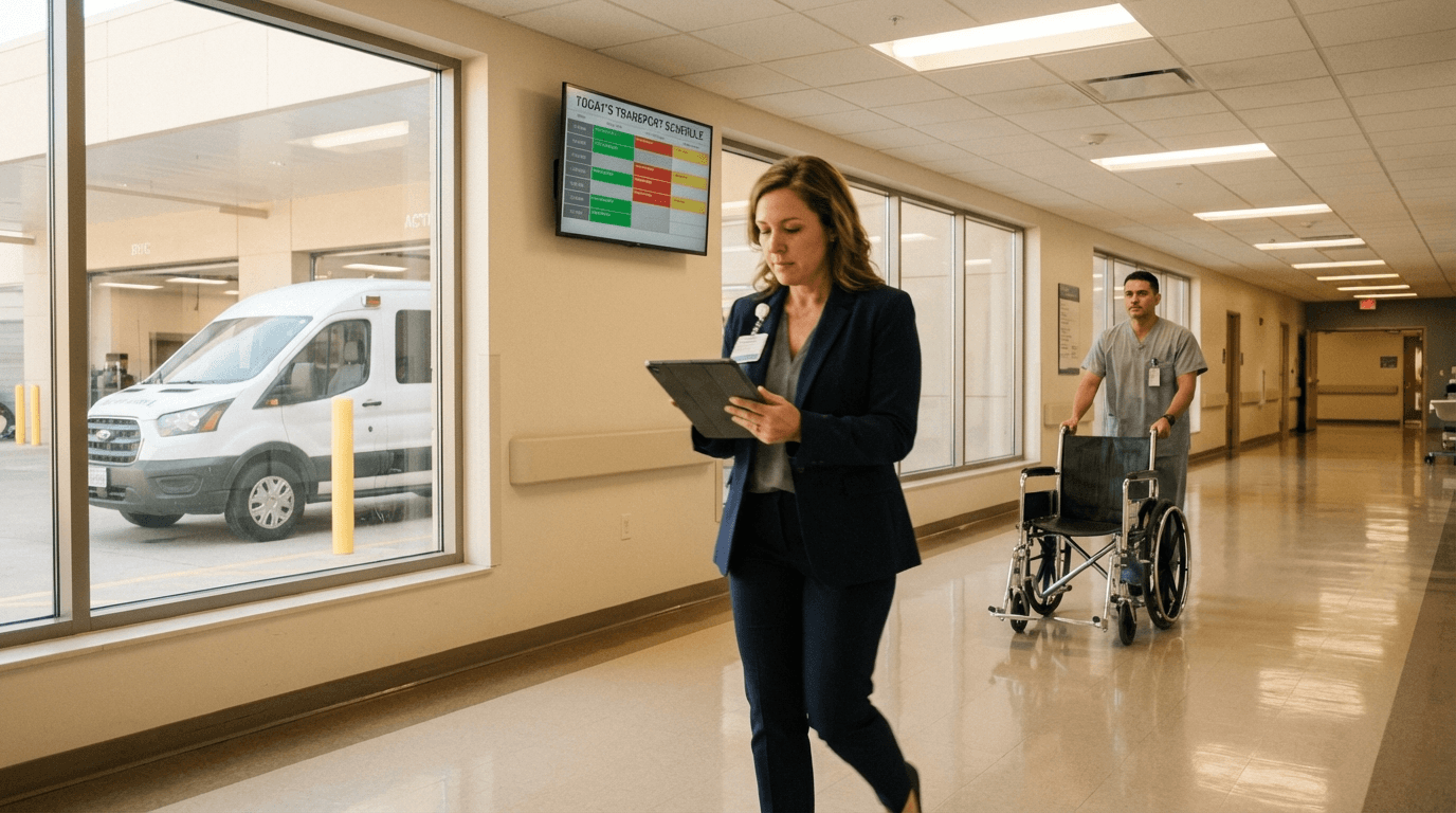 Hospital logistics coordinator reviewing transport schedule on tablet