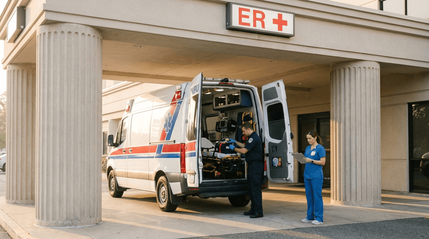 Ambulette vehicle at hospital emergency department with EMT checking equipment