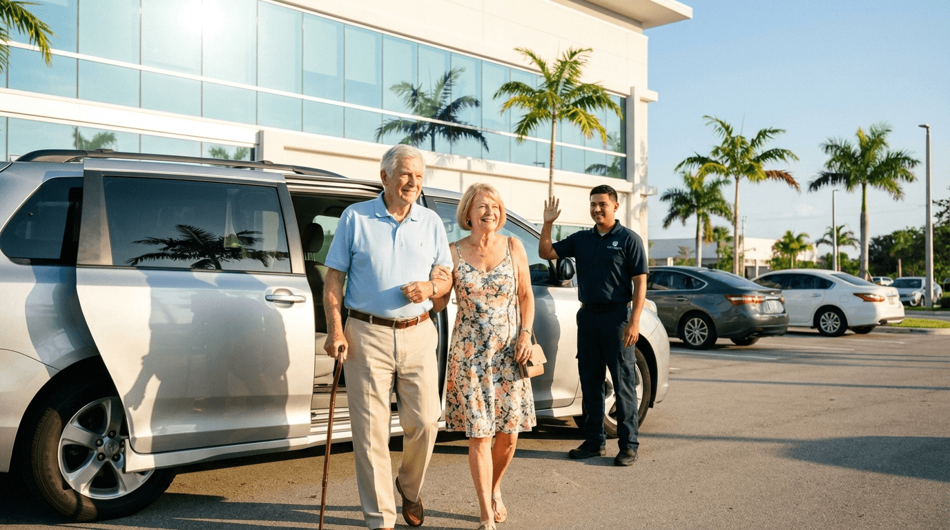 Senior couple walking from NEMT van to doctor office in Florida