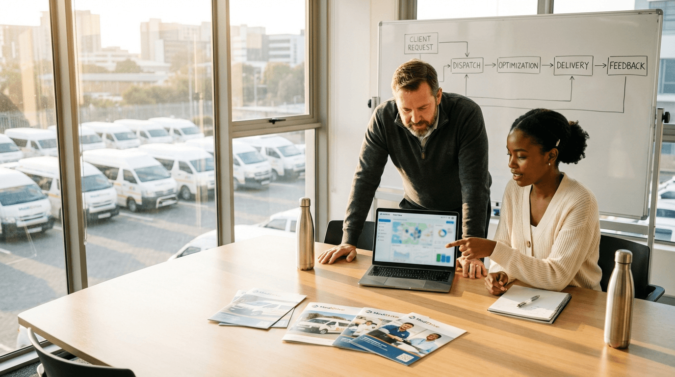 Transportation management team reviewing fleet operations with MediDrive software