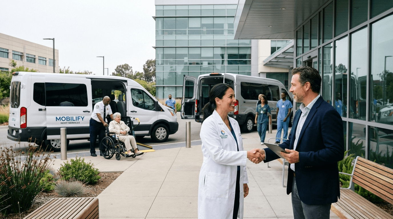 Healthcare provider and NEMT representative at medical campus with transport vans