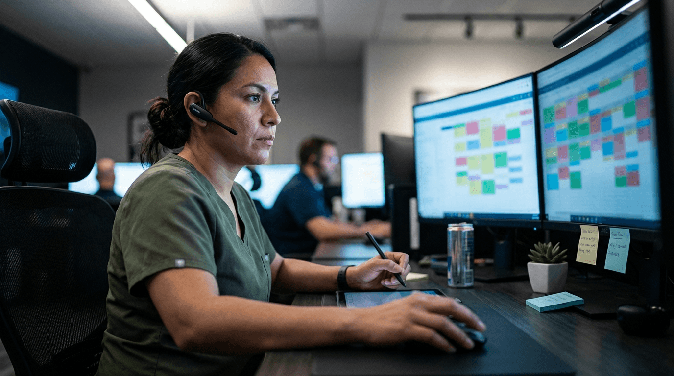 NEMT dispatcher using automated scheduling software at workstation with headset
