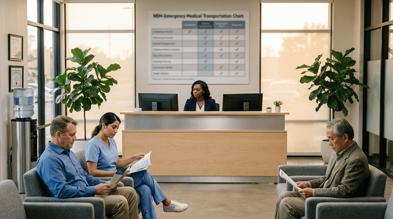 NEMT coordination center lobby with platform comparison display