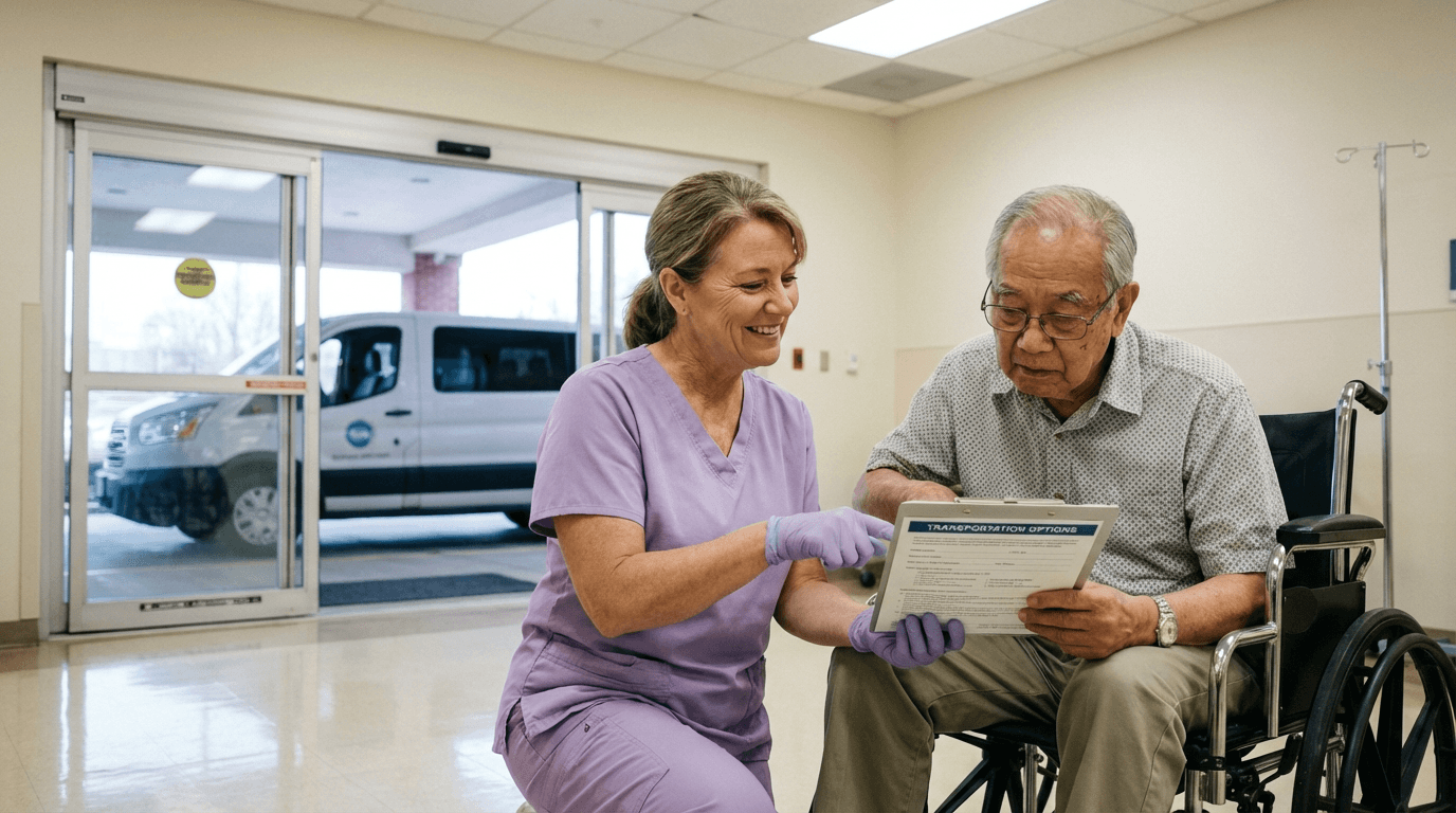 Nurse assisting Medicare patient in wheelchair at hospital discharge with transport van