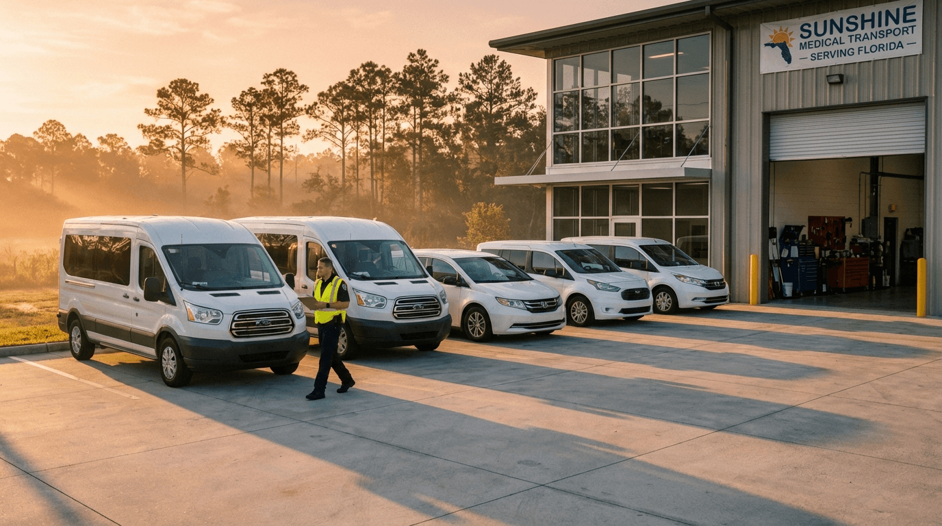 Fleet of medical transport vehicles at dawn dispatch facility