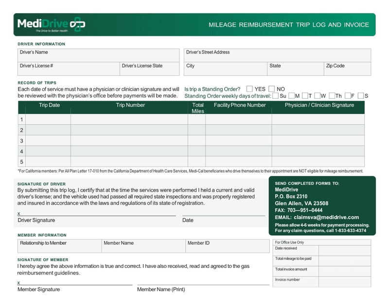 Mileage Reimbursement Trip Log and Invoice form preview