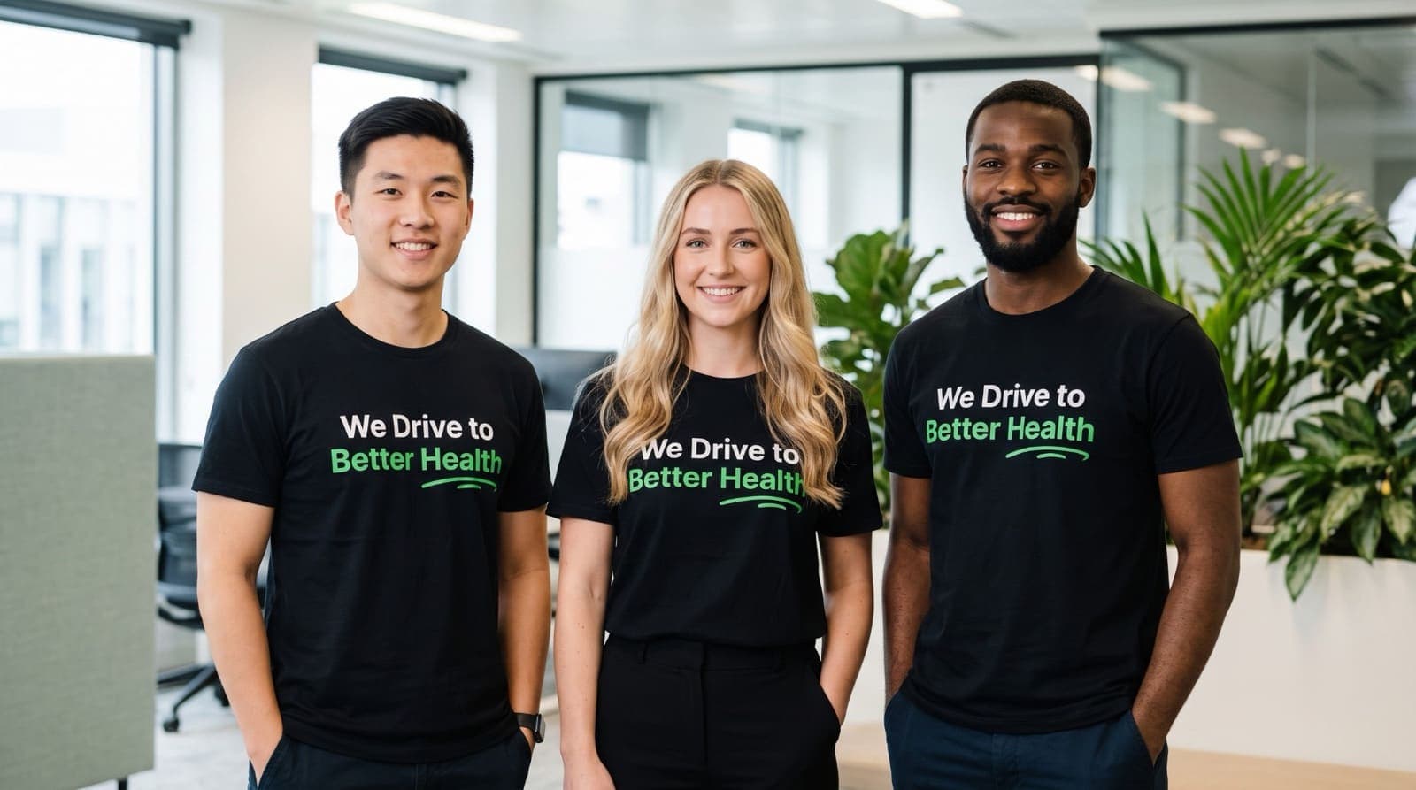 MediDrive team members wearing 'We Drive to Better Health' t-shirts