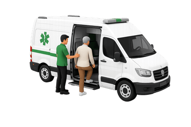 Illustration of an ambulance with paramedics assisting a patient.