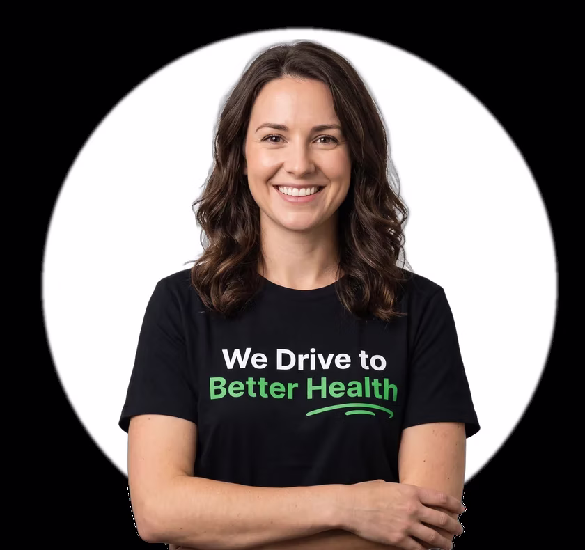 MediDrive team member wearing a 'We Drive to Better Health' t-shirt