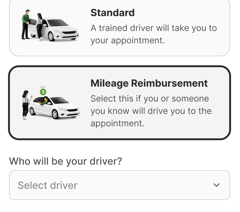 Écran de sélection du conducteur dans l'app membres MediDrive