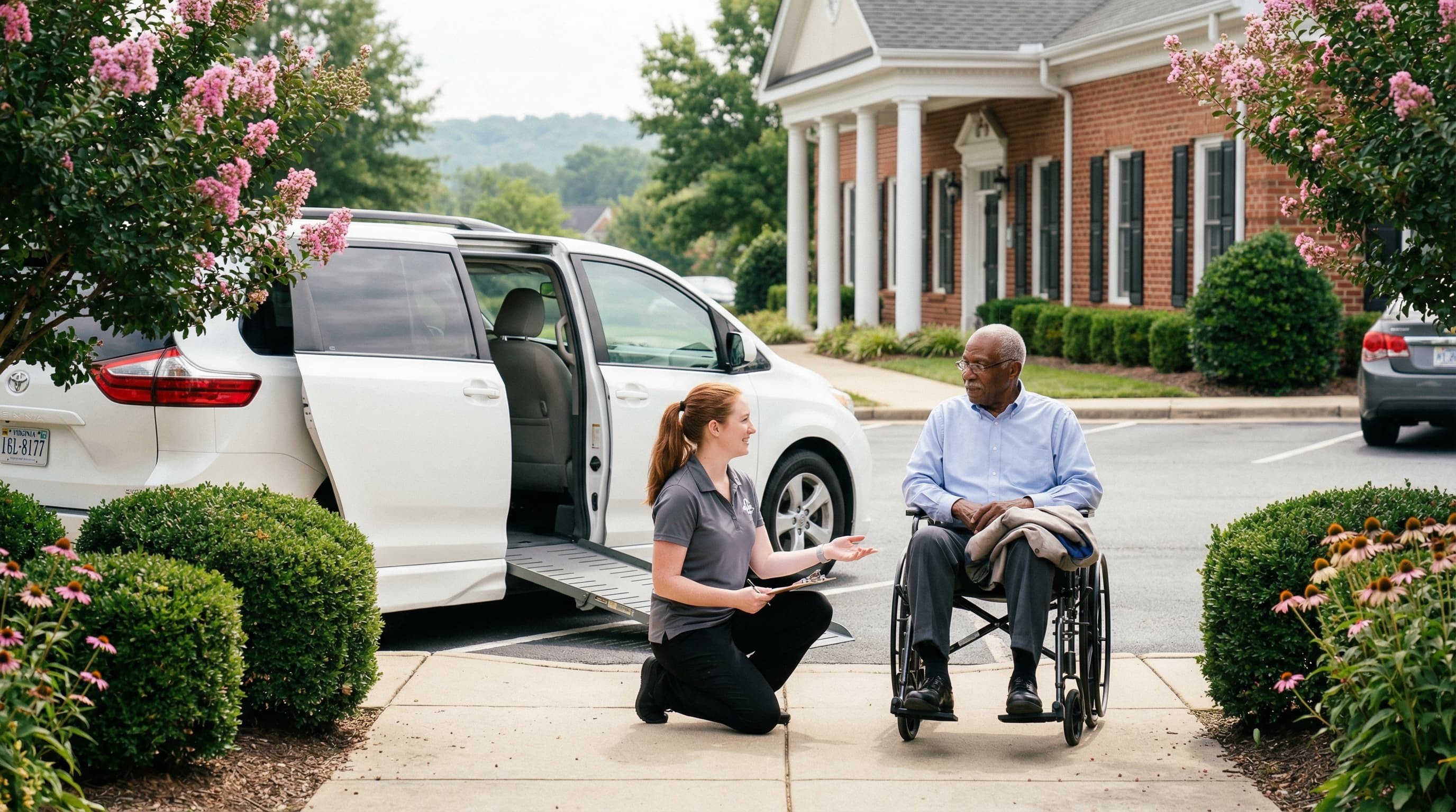 Driver assisting wheelchair passenger at medical facility in Virginia