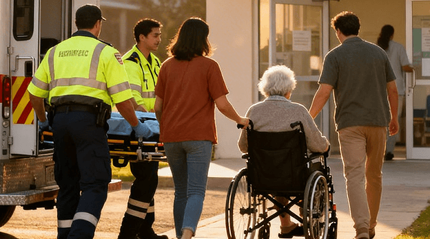 Family assisting an older adult in a wheelchair through a hospital corridor, with staff nearby.