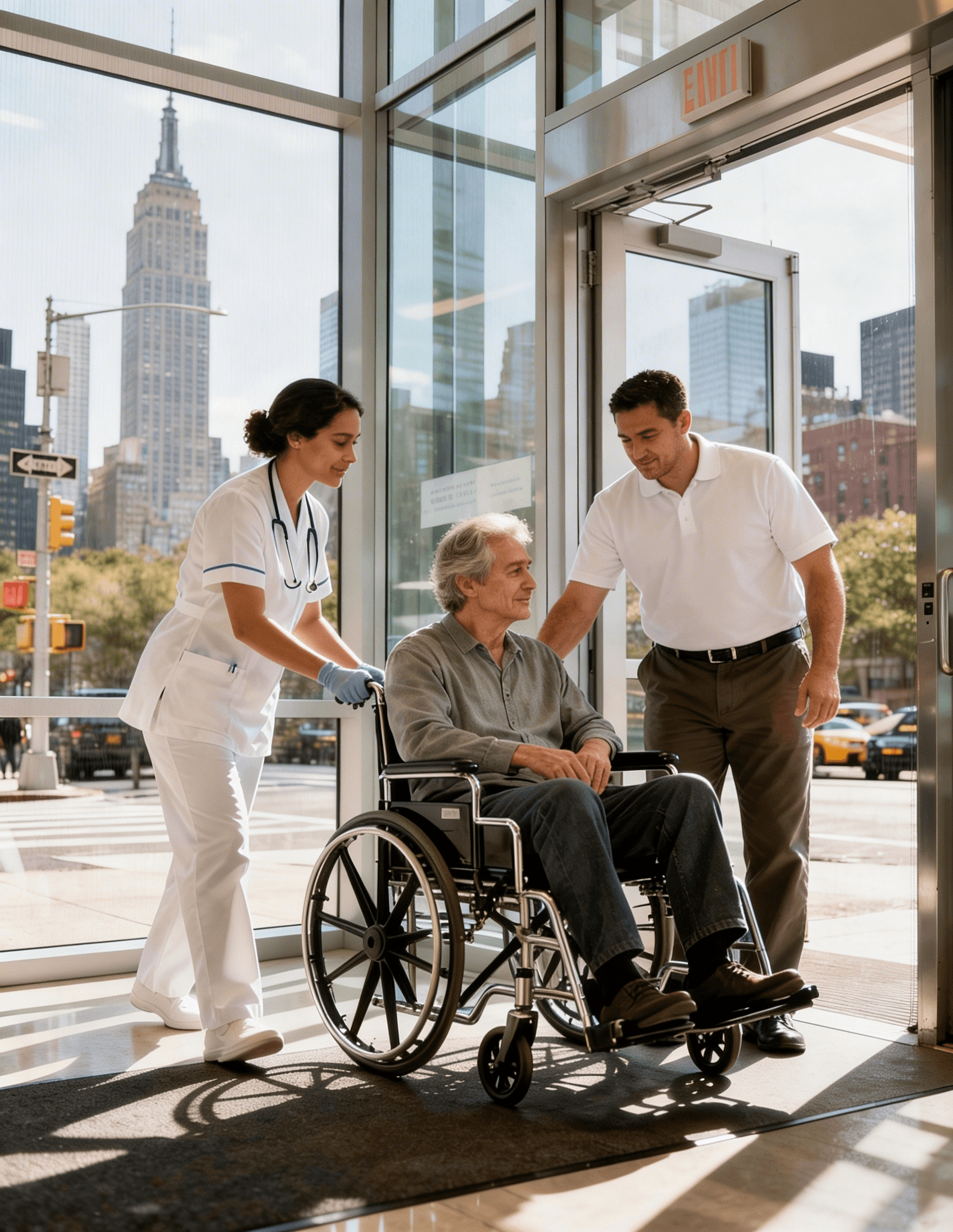 Medical staff assisting a patient leaving the hospital
